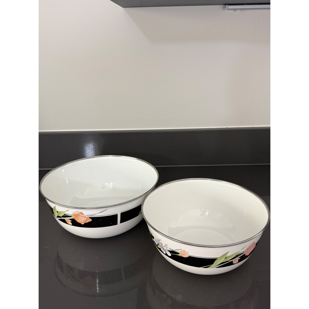 Vintage Sango Cookware Japan‎ Enamel Mixing Bowls Set 2 Floral Black Band Retro